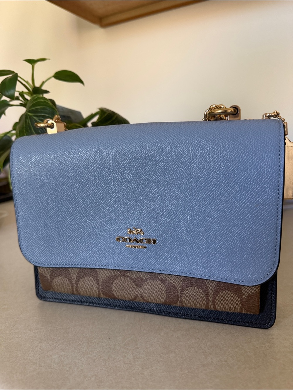 Coach Blue and Brown Signature Crossbody with Gold Hardware